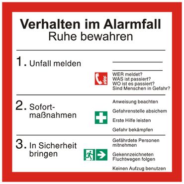 Sicherheitsaushang Schild " Verhalten im Alarmfall " mit Symbolen nach ISO 7010 - 200 x 200 mm - versch. Materialien