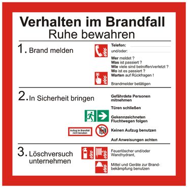 Sicherheitsaushang Schild " Verhalten im Brandfall " mit Symbolen nach ISO 7010 - 200 x 200 mm - versch. Materialien