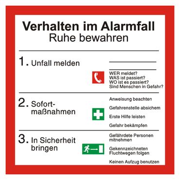 Brandschutzschild Sicherheitsaushang " Verhalten im Alarmfall " BGV A8 - 200 x 200 mm - versch. Materialien