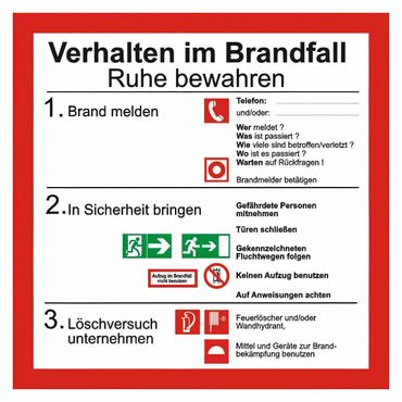 Brandschutzschild Sicherheitsaushang " Verhalten im Brandfall " BGV A8 - 200 x 200 mm - versch. Materialien