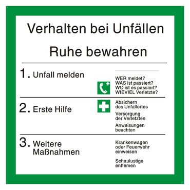 Sicherheitsaushang Rettungsschild " Verhalten bei Unfällen " mit Symbolen nach BGV A8 - 200 x 200 mm - versch. Materialien