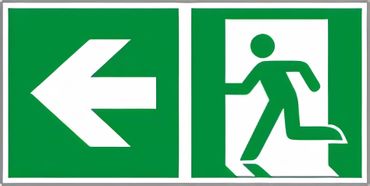 Rettungswegschild als Kombiversion - Laufrichtung links gehen, bestehend aus Notausgangszeichen nach ISO 7010 / E 001 + E 005 Zusatzpfeil Typ D ISO 3864-3 " versch. Ausführungen