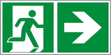 Rettungswegschild als Kombiversion - Laufrichtung rechts gehen , bestehend aus Notausgangszeichen nach ISO 7010 / E 001 + E 005 Zusatzpfeil Typ D ISO 3864-3 - versch. Ausführungen