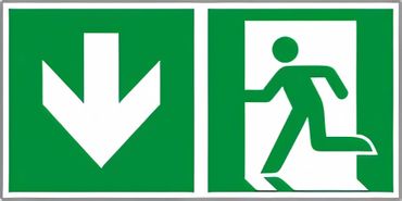 Rettungswegschild Kombiversion - Hinweis auf Etagenwechsel / abwärts gehen , bestehend aus Notausgangszeichen nach ISO 7010 / E 001 + E 005 Zusatzpfeil Typ D ISO 3864-3 " versch. Ausführungen