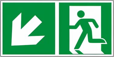 Rettungswegschild Kombiversion - Hinweis auf Etagenwechsel / links abwärts gehen , bestehend aus Notausgangszeichen nach ISO 7010 / E 001 + E 006 Zusatzpfeil Typ D ISO 3864-3 " versch. Ausführungen