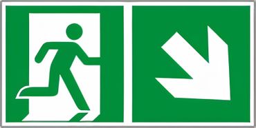 Rettungswegschild Kombiversion - Hinweis auf Etagenwechsel / rechts abwärts gehen , bestehend aus Notausgangszeichen nach ISO 7010 / E 002 + E 006 Zusatzpfeil Typ D ISO 3864-3 " versch. Ausführungen