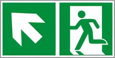 Rettungswegschild Kombiversion - Etagenwechsel / links aufwärts gehen / freie Fläche nach schräg links überqueren , bestehend aus Notausgangszeichen nach ISO 7010 / E 001 + E 006 Zusatzpfeil Typ D ISO 3864-3 " versch. Ausführungen