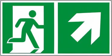 Rettungswegschild Kombiversion - Etagenwechsel / rechts aufwärts gehen / freie Fläche nach schräg rechts überqueren , bestehend aus Notausgangszeichen nach ISO 7010 / E 002 + E 006 Zusatzpfeil Typ D ISO 3864-3 " versch. Ausführungen