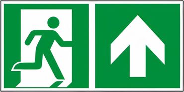 Rettungswegschild Kombiversion - Laufrichtung geradeaus / durch Tür (wenn Schild an Tür angebracht ist), aufwärts gehen , bestehend aus Notausgangszeichen nach ISO 7010 / E 002 + E 006 Zusatzpfeil Typ D ISO 3864-3 " versch. Ausführungen