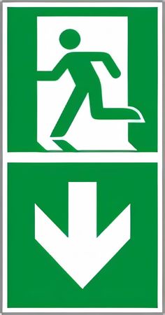Rettungswegschild Kombiversion - Hinweis auf Etagenwechsel / abwärts gehen , bestehend aus Notausgangszeichen nach ISO 7010 / E 001 + E 005 Zusatzpfeil Typ D ISO 3864-3 " versch. Ausführungen