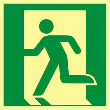 Rettungswegschild - Symbol Rettungsweg links , nach  ISO 7010 / E 001  " , Langnachleuchtend - versch. Ausführungen
