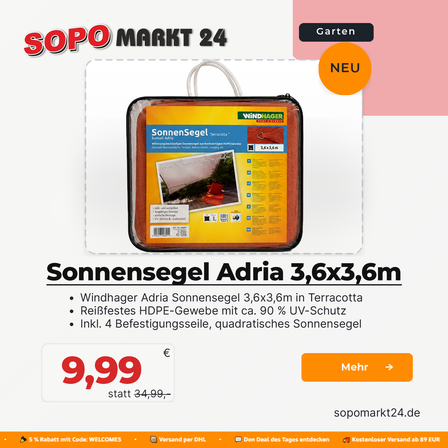 Sonnensegel Adria 3,6x3,6m Terracotta