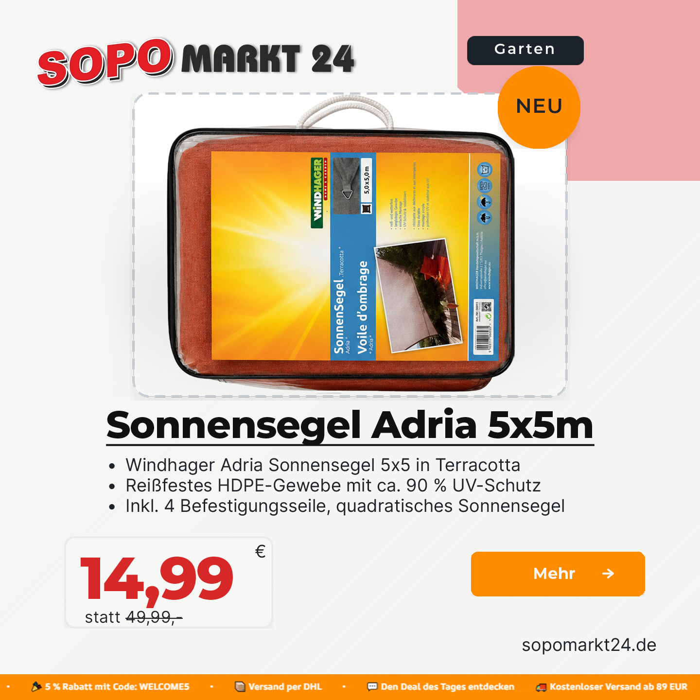 Sonnensegel Adria 5x5m Terracotta