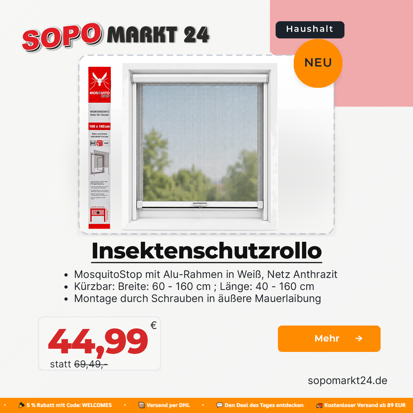 MosquitoStop Insektenschutzrollo 160x160cm