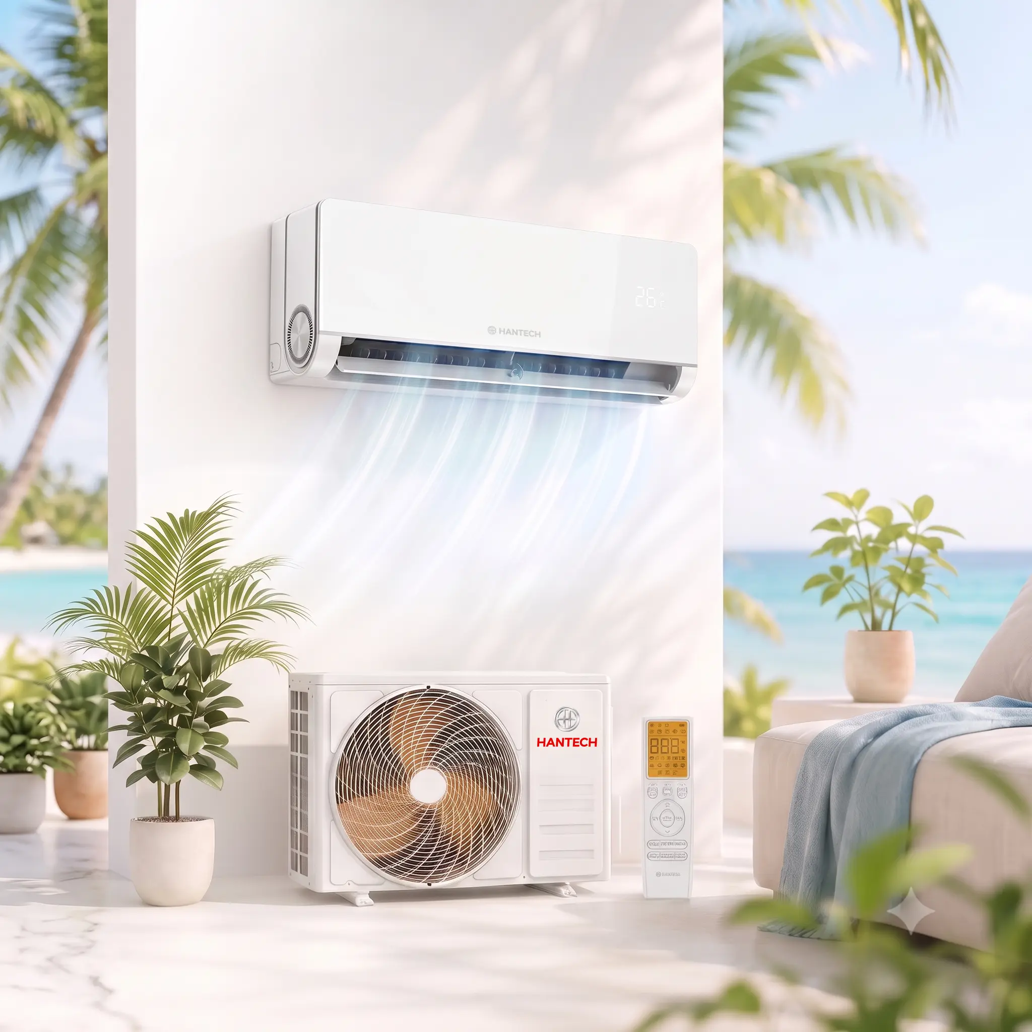 HANTECH H-Plus Klimaanlage: Innengerät, Außengerät und Fernbedienung