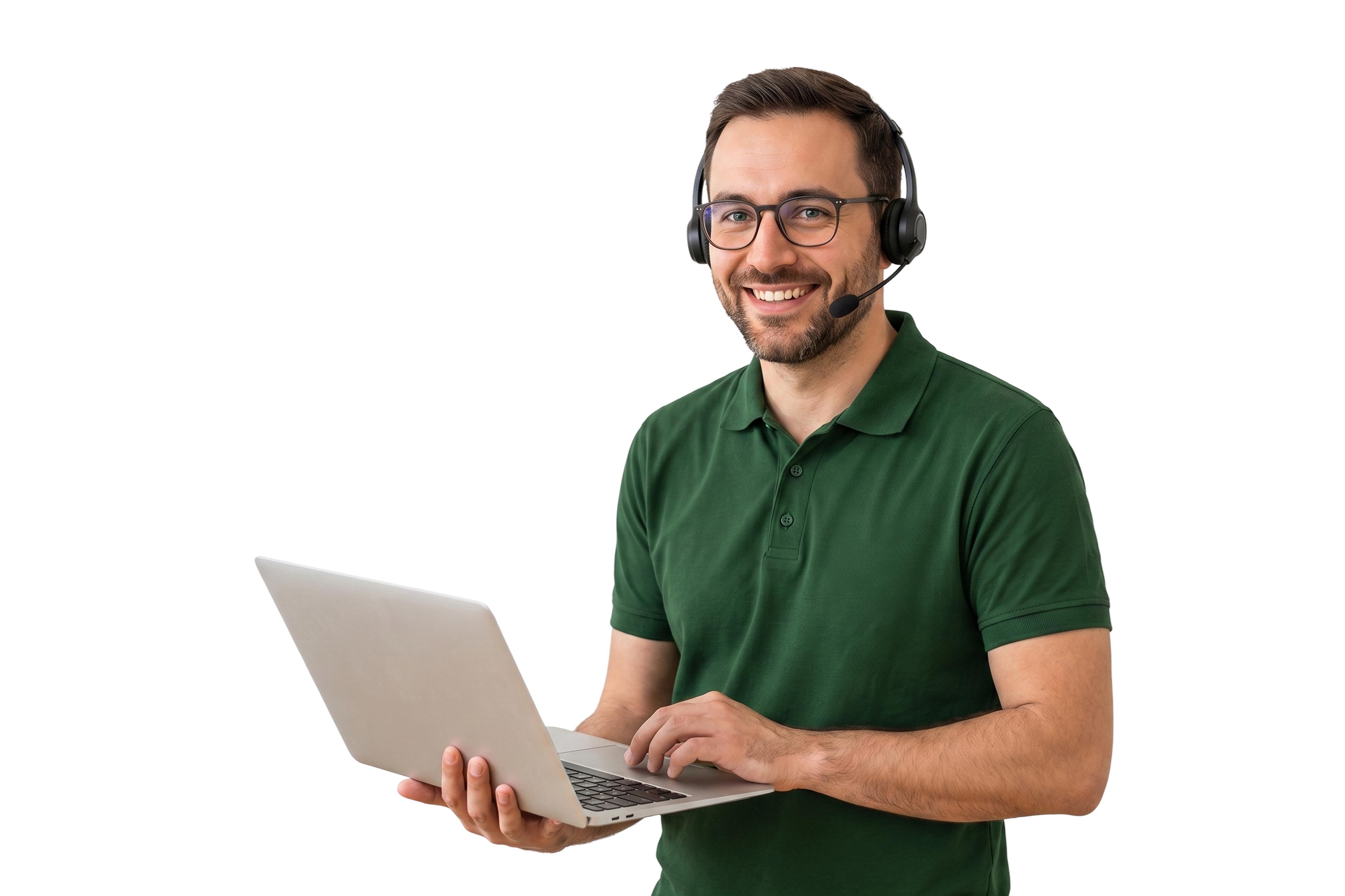 Freundlicher Klimaberater mit Headset am Laptop