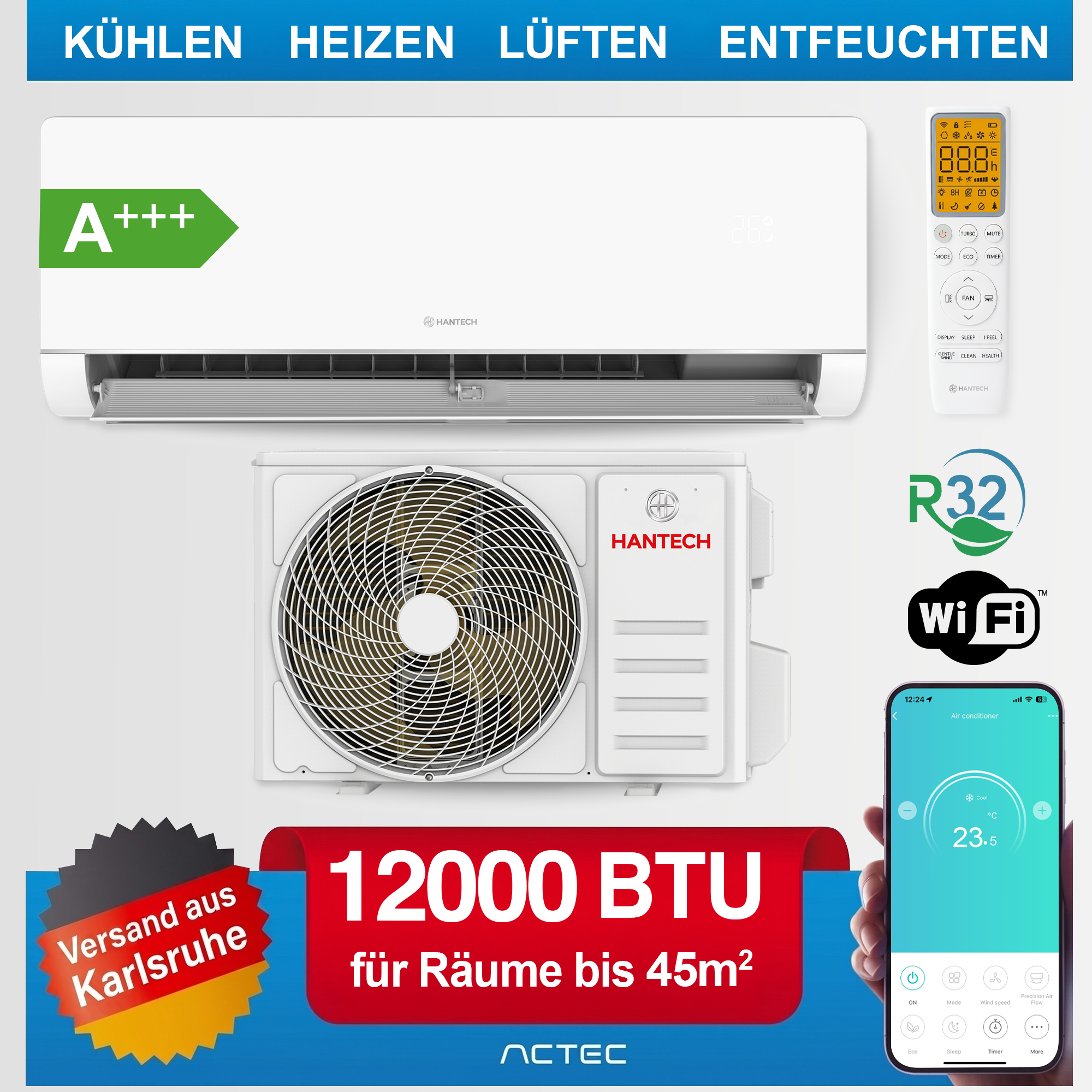 Split Klimaanlage 12000 BTU HANTECH H-Plus Klimagerät Inverter A+++ Heizen WLAN Split Klimaanlage 12000 BTU HANTECH H-Plus Klimagerät Inverter A+++ Heizen WLAN