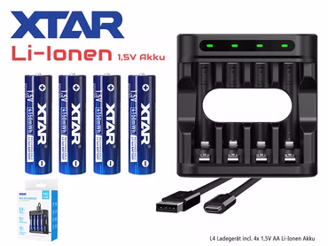 Xtar L4 – Ladegerät für Li-Ion 1,5V und Ni/MH 1,5V Akkus AA/AAA im SET mit 4x AA Li-Ionen Akku