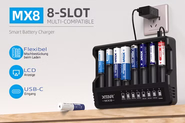 Xtar MX8 – Universelles Ladegerät für 1,5V; 3,6 - 3,7V Li-Ion & 1,2V Ni-MH Akkus