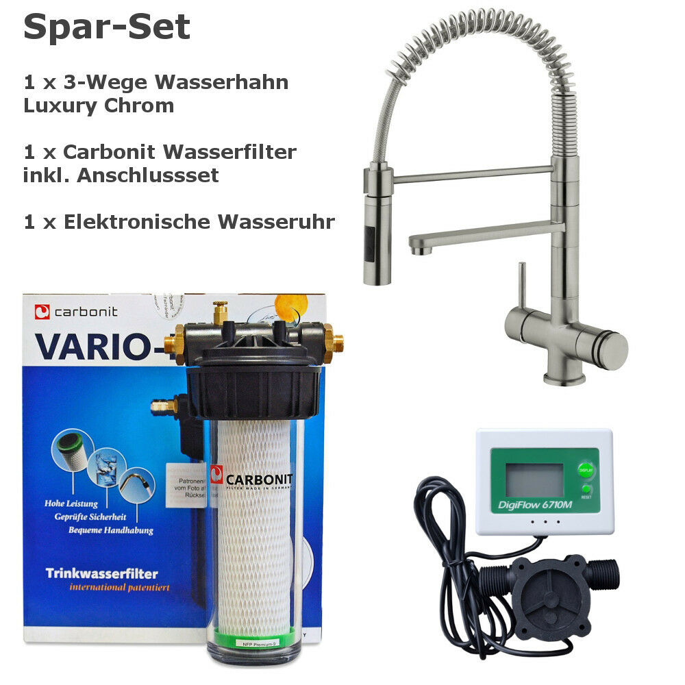 CARBONIT VARIO CLASSIC Wasserfilter + 3 wege Wasserhahn Luxury Edelstahl Look 56 + Wasseruhr - Photo 0