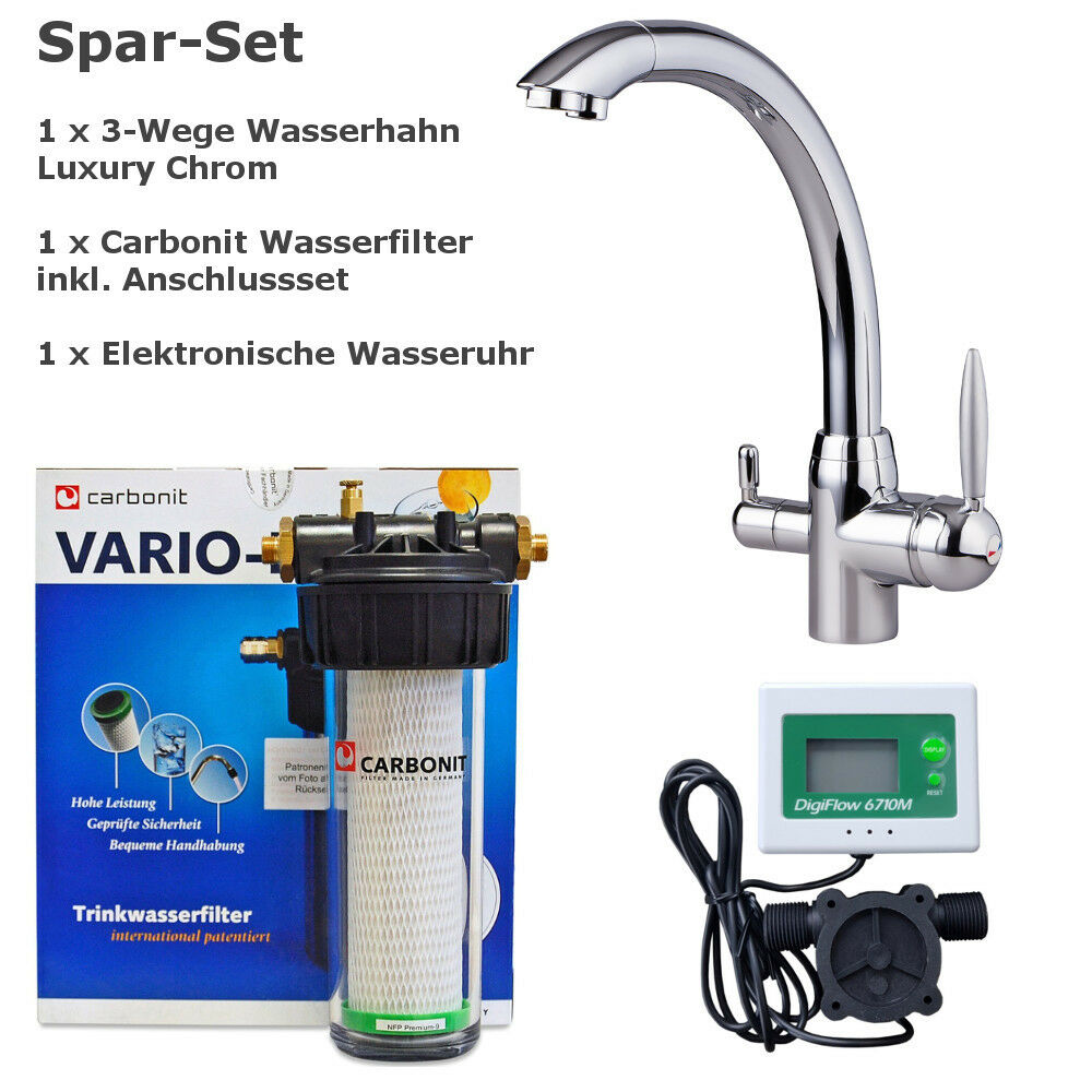 Sparset CARBONIT VARIO CLASSIC Wasserfilter + Dreiwege Wasserhahn DELPHIN Chrom + Wasseruhr - Photo 0