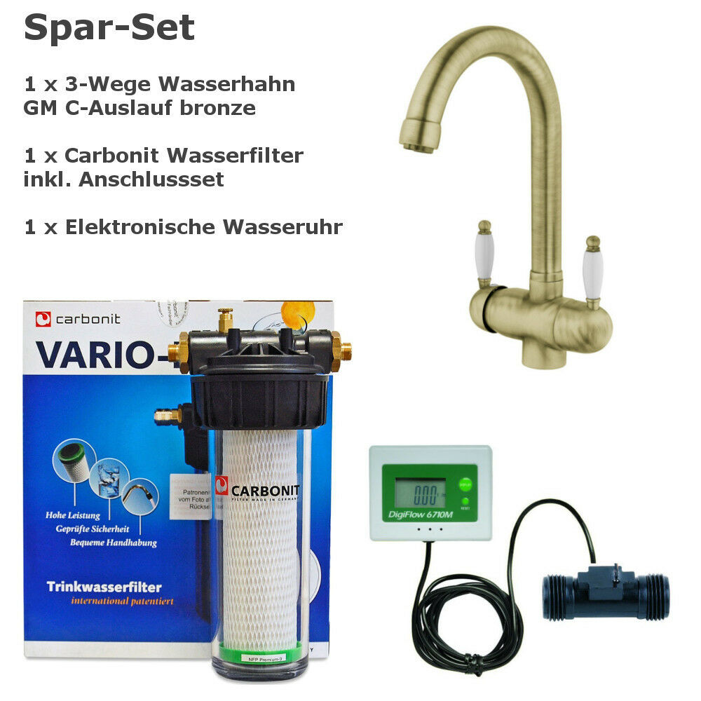 Sparset CARBONIT VARIO CLASSIC Wasserfilter inkl. Dreiwege Wasserhahn GM C-Auslauf Bronze + Wasseruhr - Photo 0