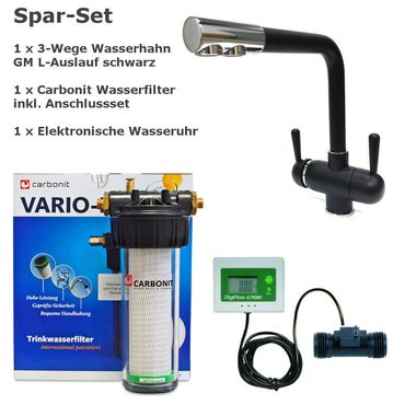 Sparset CARBONIT VARIO CLASSIC Wasserfilter + Dreiwege Wasserhahn GM , L schwarz + Wasseruhr - Photo preview 0