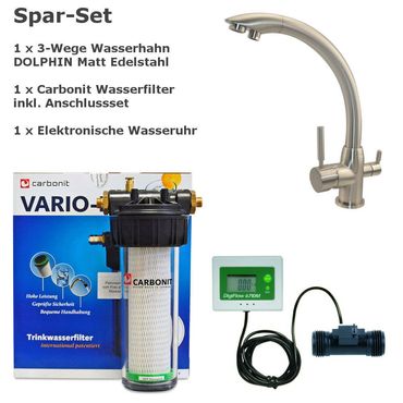 Sparset CARBONIT VARIO CLASSIC Wasserfilter inkl. Dreiwege Wasserhahn DOLPHIN Matt Edelstahl + Wasseruhr - Photo preview 0