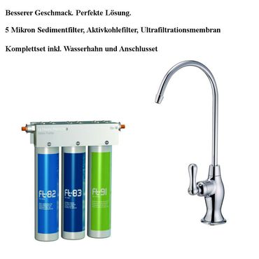 AORA FT-LINE 3. Aktivkohle-Wasserfilter-System mit UF-Filtration mit Einweg Wasserhahn OSLO Chrom