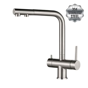 PURE WAVE 3-Wege-Wasserhahn mit ausziehbarer Brause - Edelstahl Massiv - Farbe Edelstahl gebürstet & Schwarz Matt - Für warmes, kaltes & gefiltertes Wasser