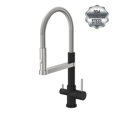 ALBA 3-Wege-Wasserhahn Spiralfeder-Auslauf Edelstahl Schwarz | 360° drehbare Küchenarmatur aus massivem 304 Edelstahl