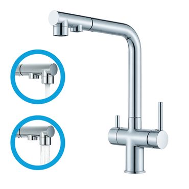 3-Wege-Wasserhahn LUNA Chrom – Küchenarmatur mit ausziehbarer Brause & Strahlregler für Untertisch-Wasserfilter