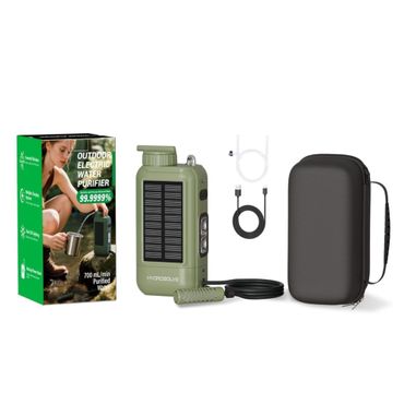 HYDROSOLVE SolarPro Outdoor Wasserfilter – Elektrisch, Tragbar & Wiederaufladbar – 0,01 Mikron – Solar/USB/Kurbel – Powerbank – für Camping, Wandern, Notfall & Survival