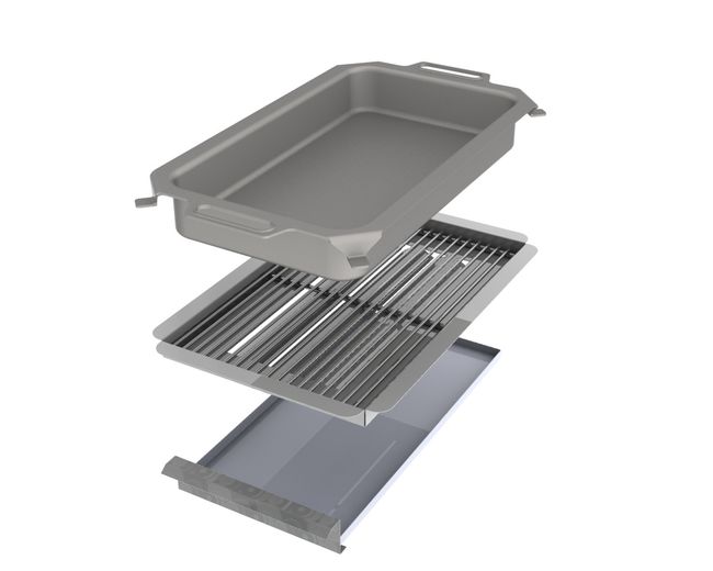 Komplett Set 4-teilig Pfanne + Rost + Flammabdeckung + Fettwanne Komplett Set 4-teilig Pfanne + Rost + Flammabdeckung + Fettwanne