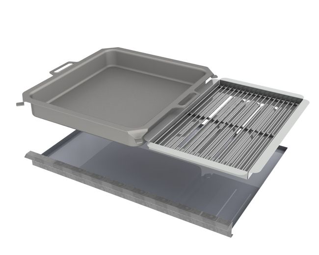 Kombi-Set 4-teilig Pfanne + Edelstahlrost + Flammabdeckung + Fettwanne für Gastrobräter 3-flammig
