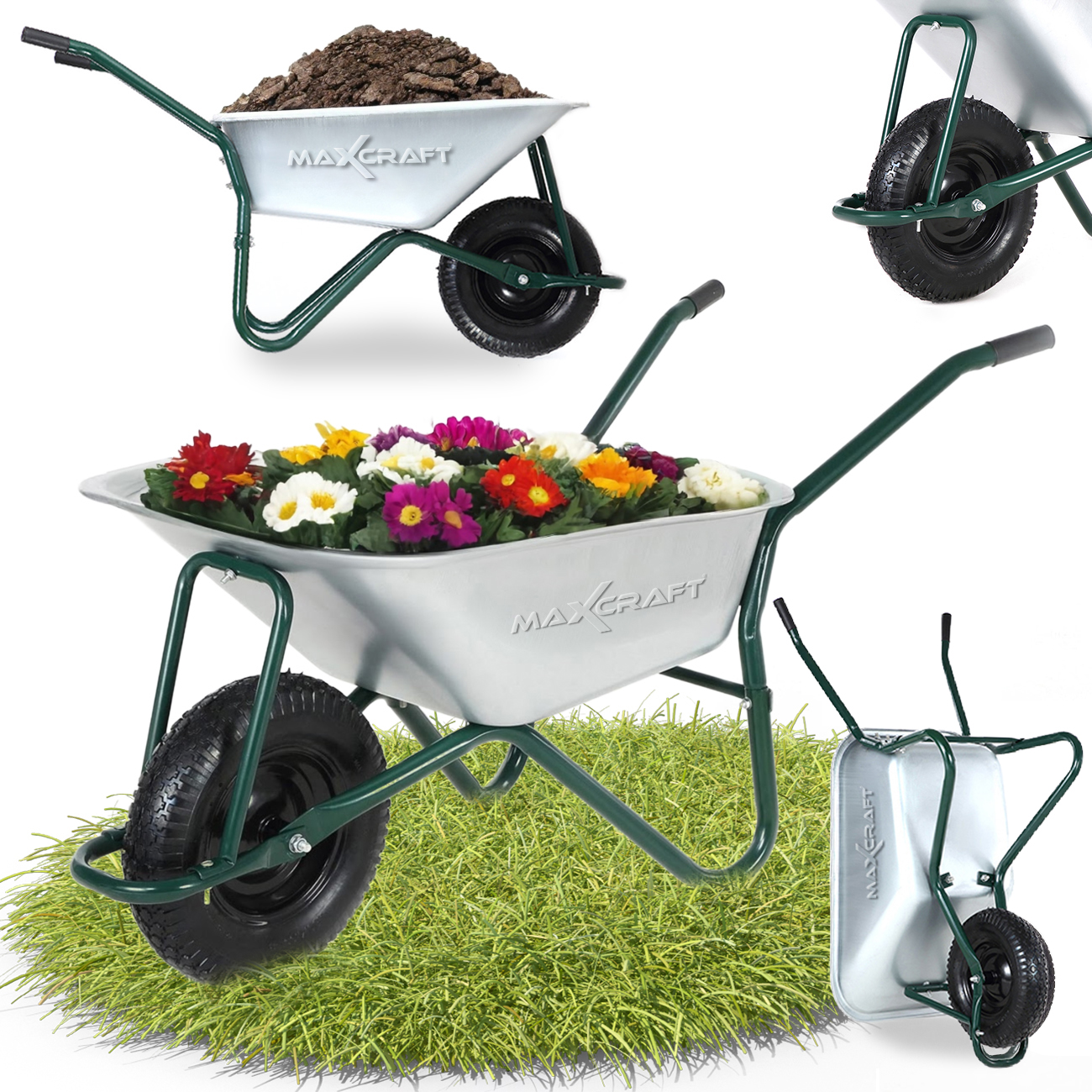 MAXCRAFT Schubkarre / Bauschubkarre Luftbereifung 250 kg 100 L - Grün | MA Trading