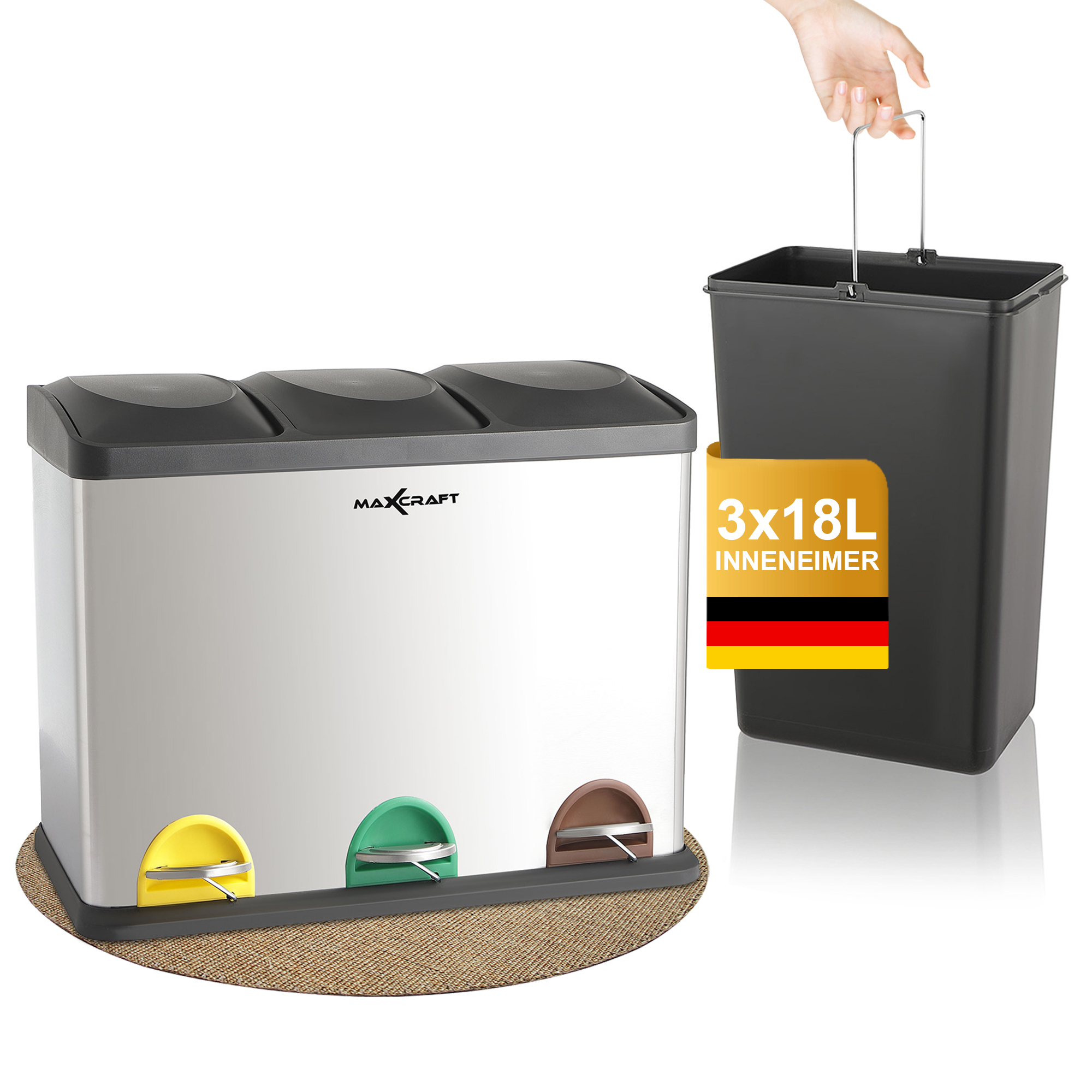 MAXCRAFT Mülleimer / Treteimer mit 3 Behältern - 54 Liter (3 x 18 Liter) | MA Trading