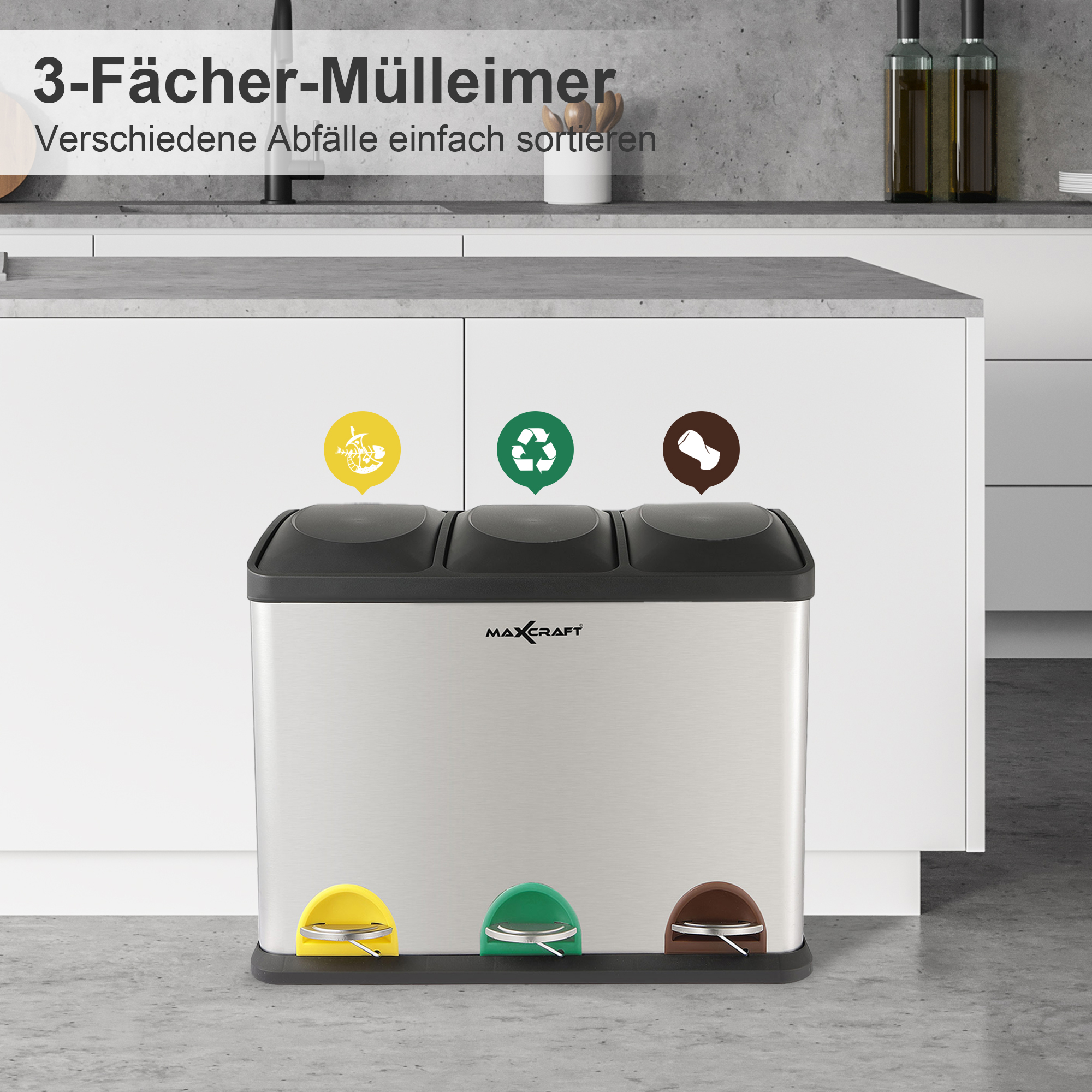 MAXCRAFT Mülleimer / Treteimer mit 3 Behältern - 54 Liter (3 x 18 Liter) | MA Trading