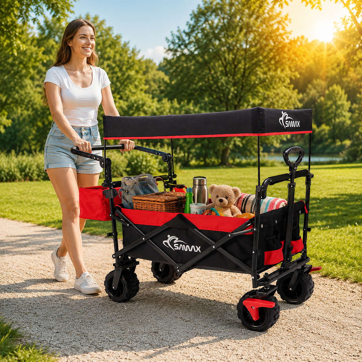 SAMAX Faltbarer Bollerwagen Offroad mit Dach - Schwarz / Rot | MA Trading