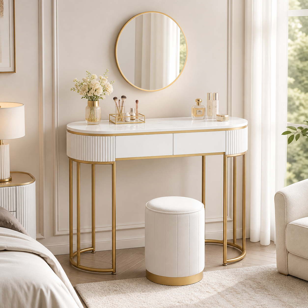 dressing table stool design Makika / Make-Up Table LENA with and Mirror | MA Trading ADEQUATE STORAGE CAPACITY Cut Loose Seamed Bubble Elegant floral dress Color:deep ocean Oak dressing