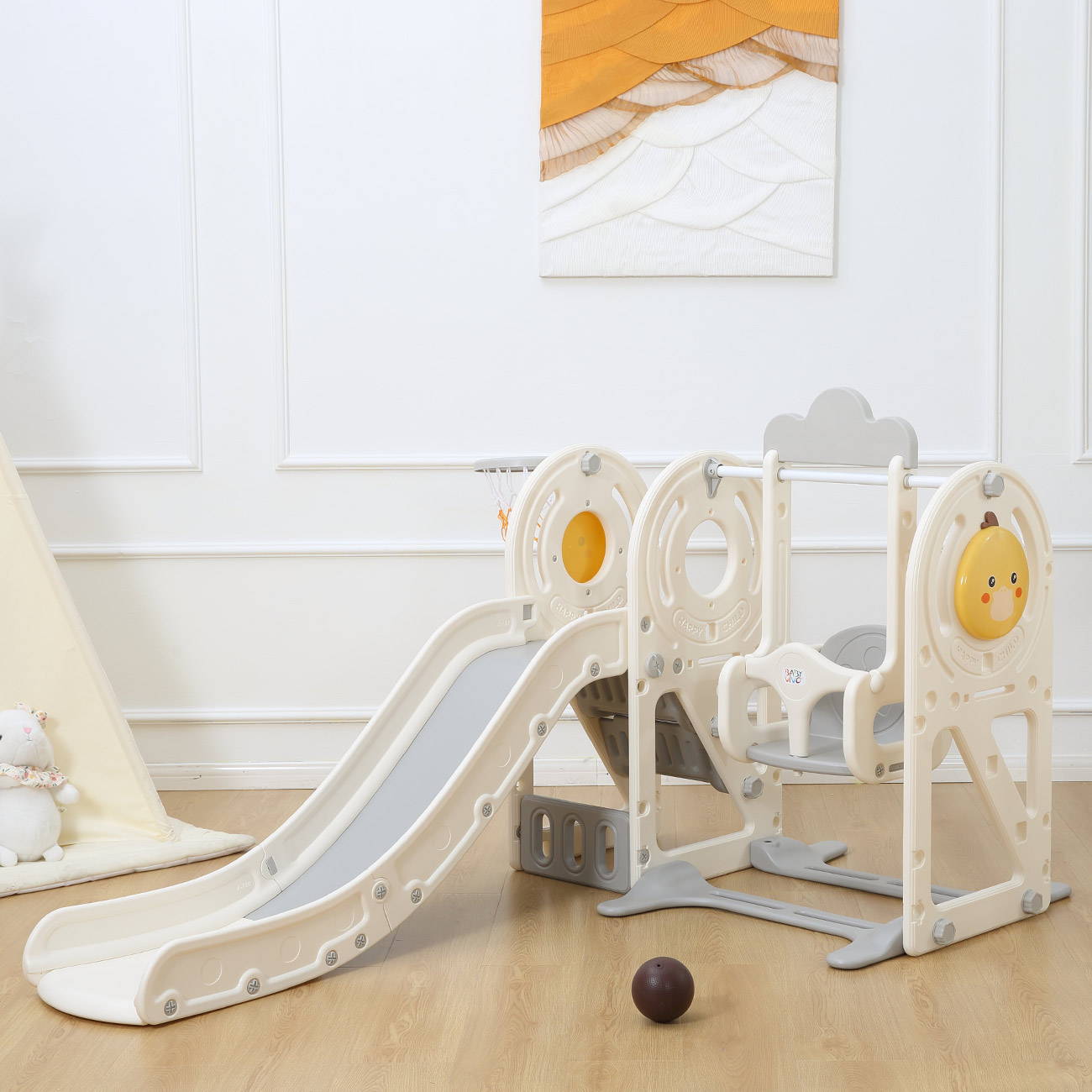 Baby Vivo Toboggan Enfant Aire de Jeux - Royaume - Jeu d'Extérieur et à l'Intérieur pour Enfants Jardin en Gris/Beige