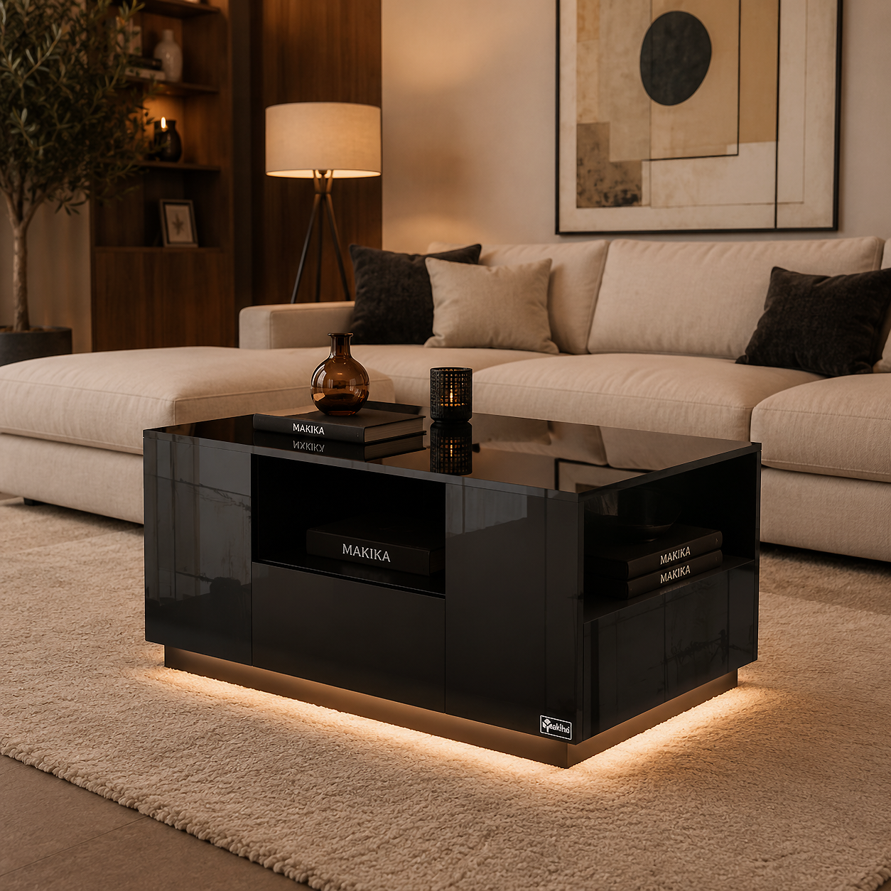 Makika LED Couchtisch / Design Wohnzimmertisch mit Ablagefach und Schubladen - Schwarz Hochglanz | MA Trading