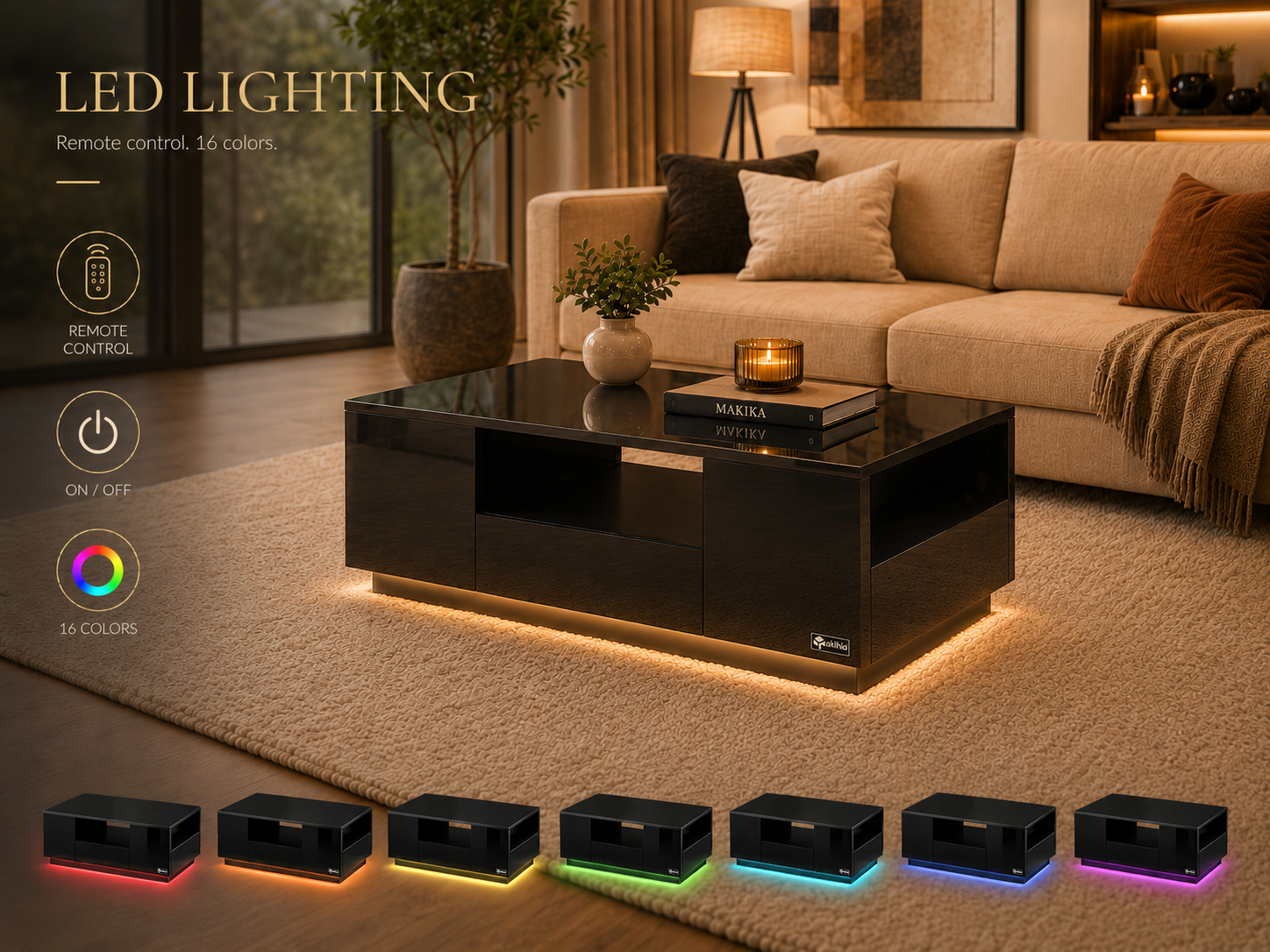 Makika LED Couchtisch / Design Wohnzimmertisch mit Ablagefach und Schubladen - Schwarz Hochglanz | MA Trading