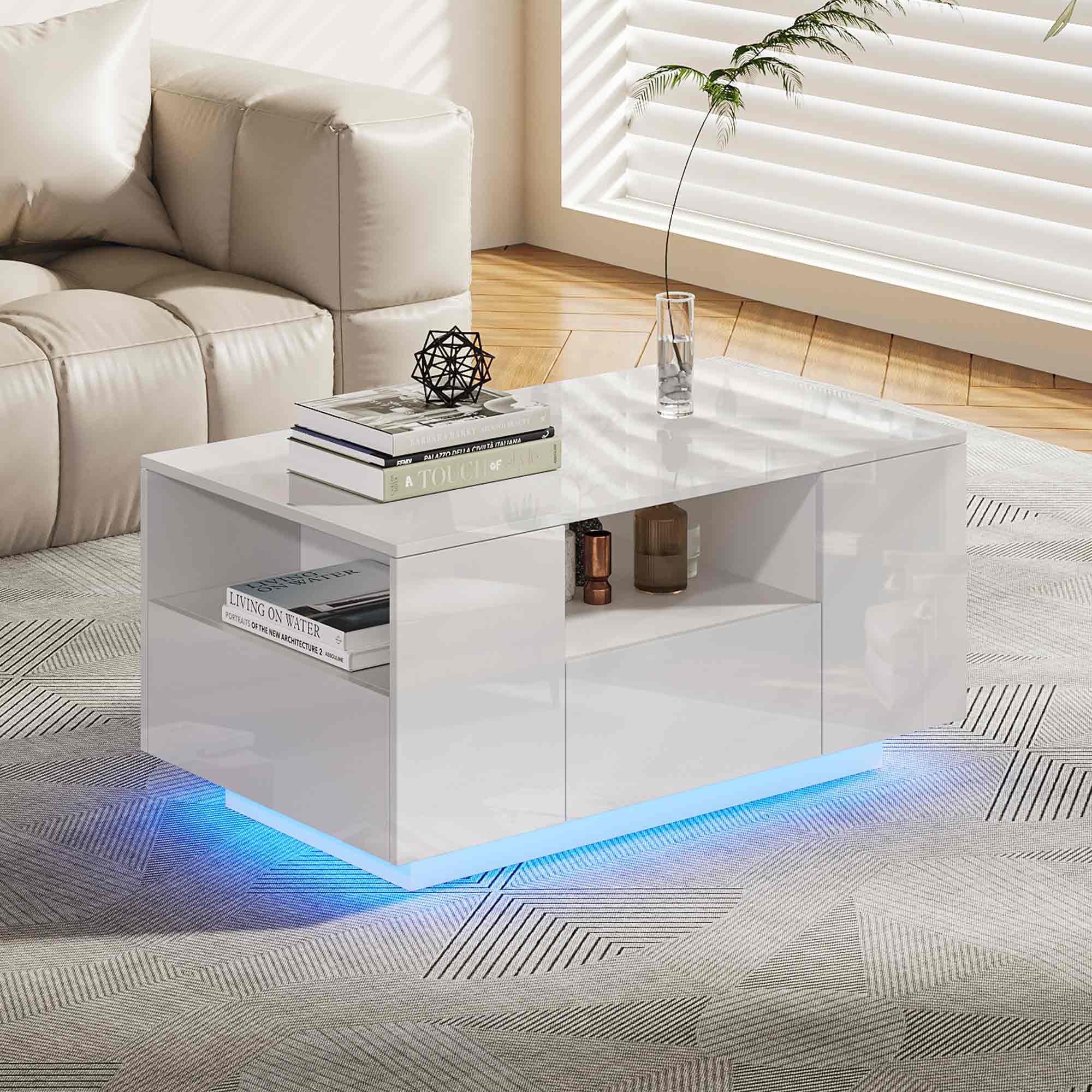 Makika LED Couchtisch / Design Wohnzimmertisch mit Ablagefach und Schubladen - Weiß Hochglanz | MA Trading