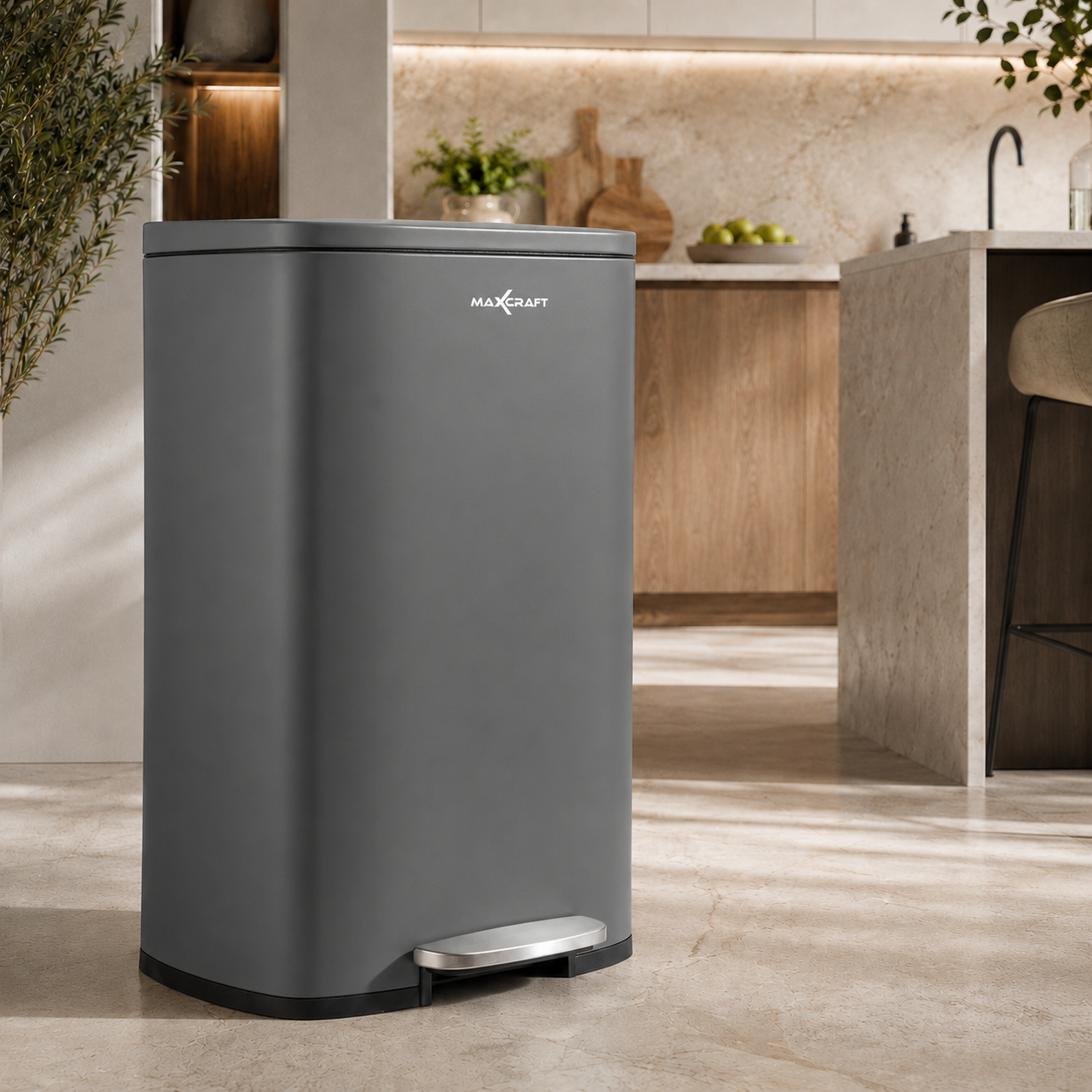 MAXCRAFT Mülleimer / Treteimer mit Soft Close Deckel - 50 Liter in Grau | MA Trading