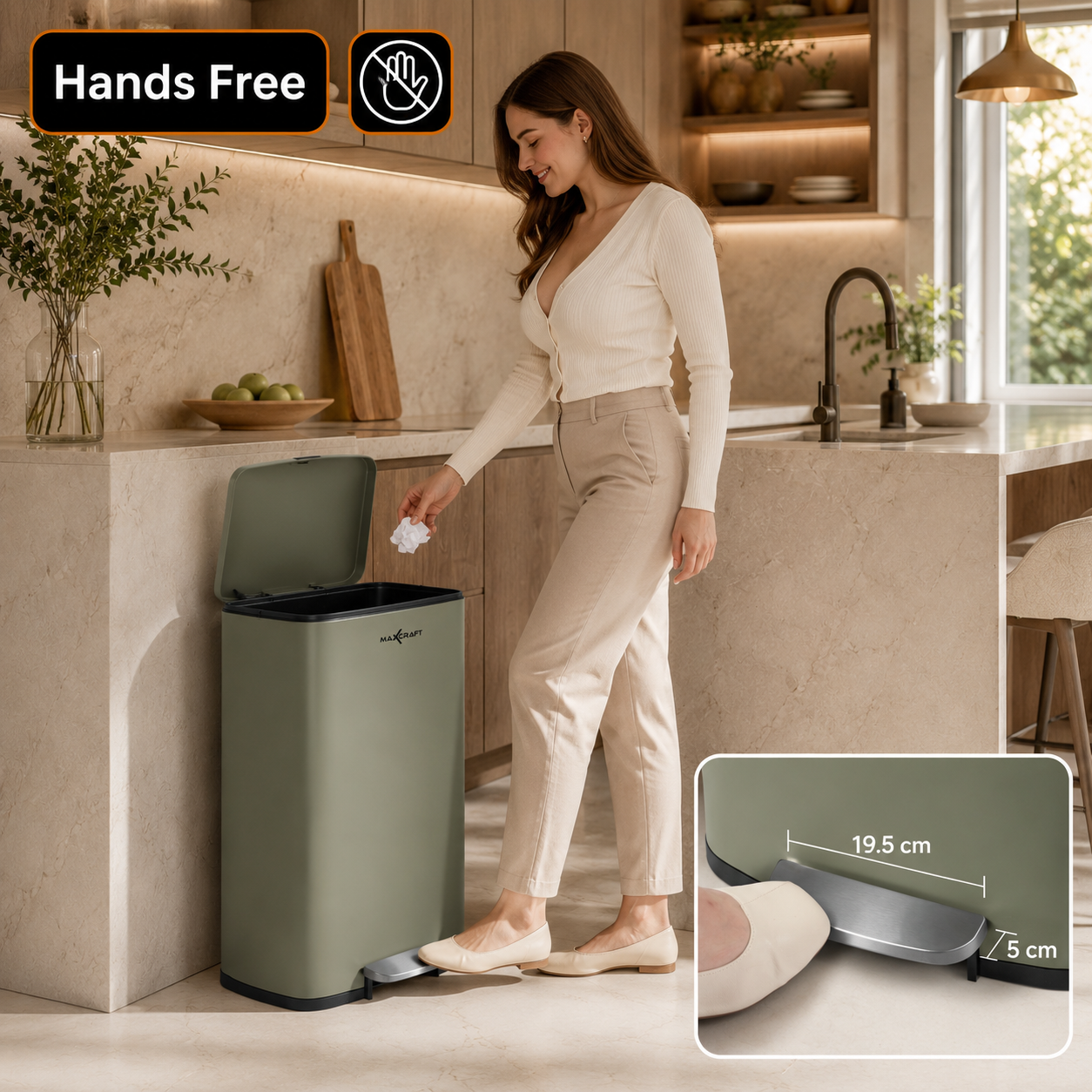MAXCRAFT Mülleimer / Treteimer mit Soft Close Deckel - 50 Liter in Grün | MA Trading