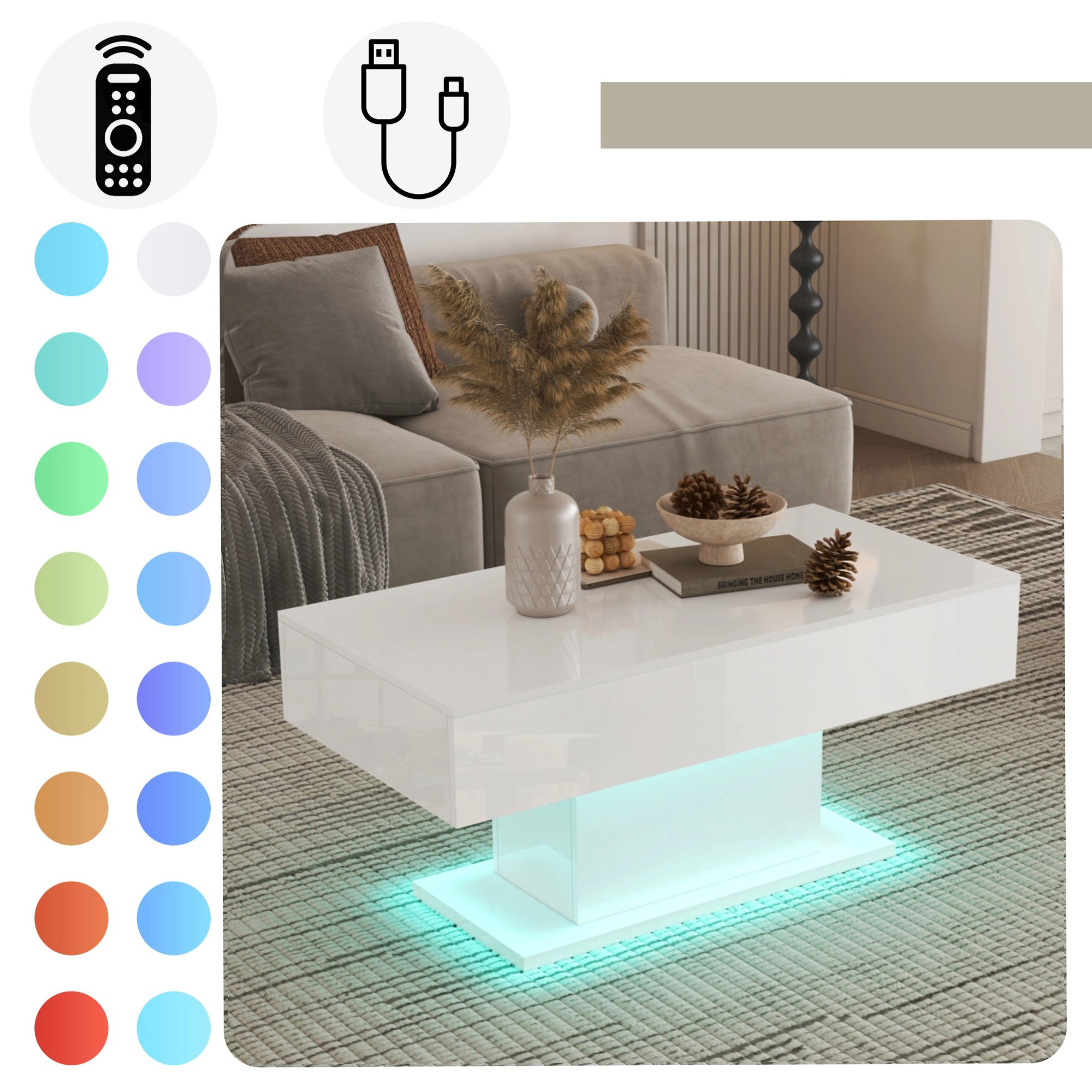 Makika Couchtisch mit LED Beleuchtung USB / Design Wohnzimmertisch Hochglanz in Weiß | MA Trading
