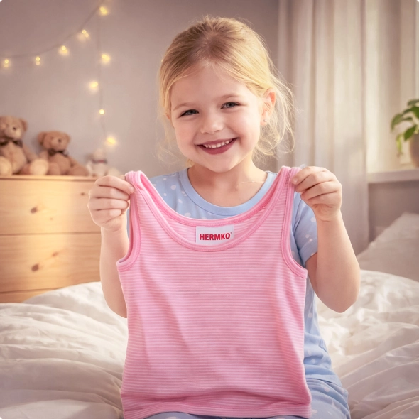 Mädchen in rosa-weiß gestreiftem Unterhemd – HERMKO Kinderunterwäsche