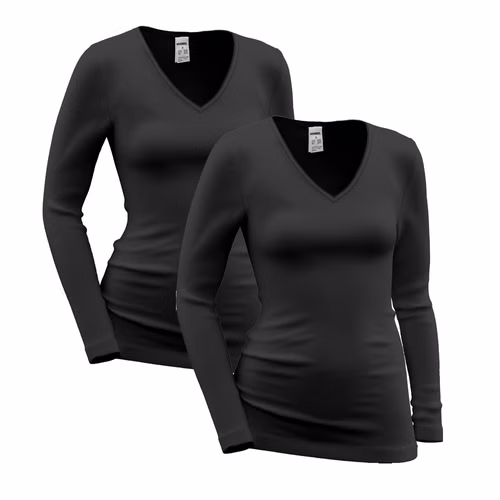 Damen langarm Unterhemd mit V-Ausschnitt 2er-Pack schwarz Damen langarm Unterhemd mit V-Ausschnitt 2er-Pack schwarz