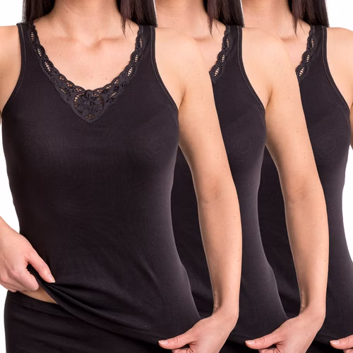 geripptes Damen Unterhemd mit Spitzendetail Muster am Dekolleté schwarz 3er Pack geripptes Damen Unterhemd mit Spitzendetail Muster am Dekolleté schwarz 3er Pack